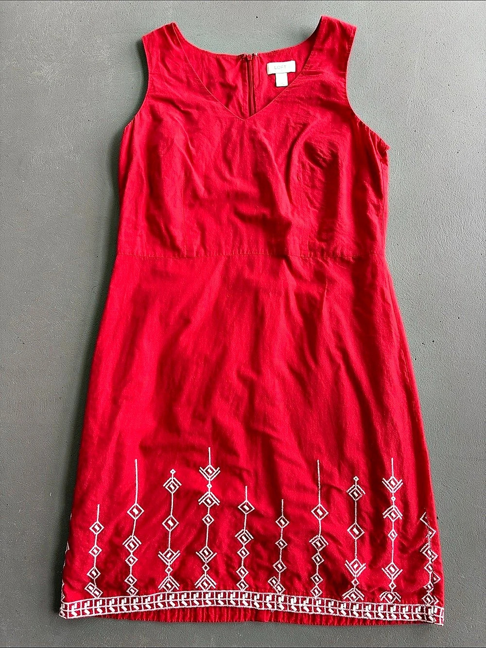 LOFT Red Embroidered Hem Sleeveless V-Neck Shift Dress Embroidered Mini Dress